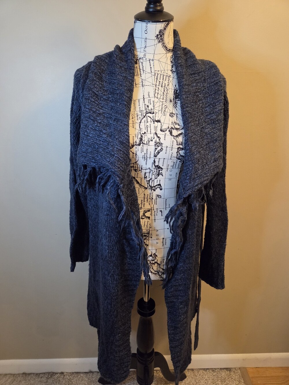 Faded Glory 1X Blue Knit Cardigan Sweater Fringe Shawl Collar Belt Plus Size